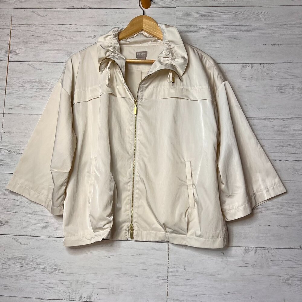 Chicos Travelers Jacket Womens SZ Small Ivory with Gold Zipper Lightweight Fall